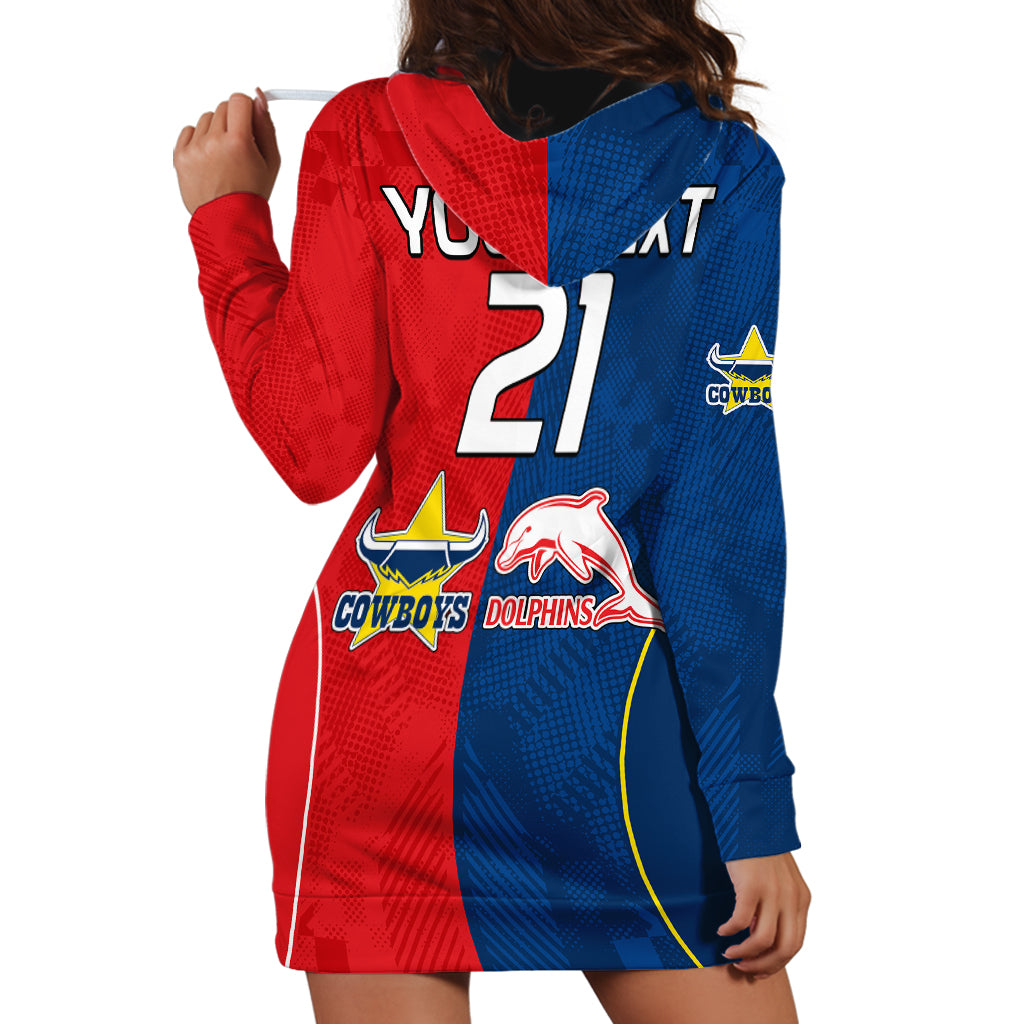 (Custom Text And Number) NRL Half Dolphins and Half Cowboys Rugby Hoodie Dress Sporty Style - Vibe Hoodie Shop