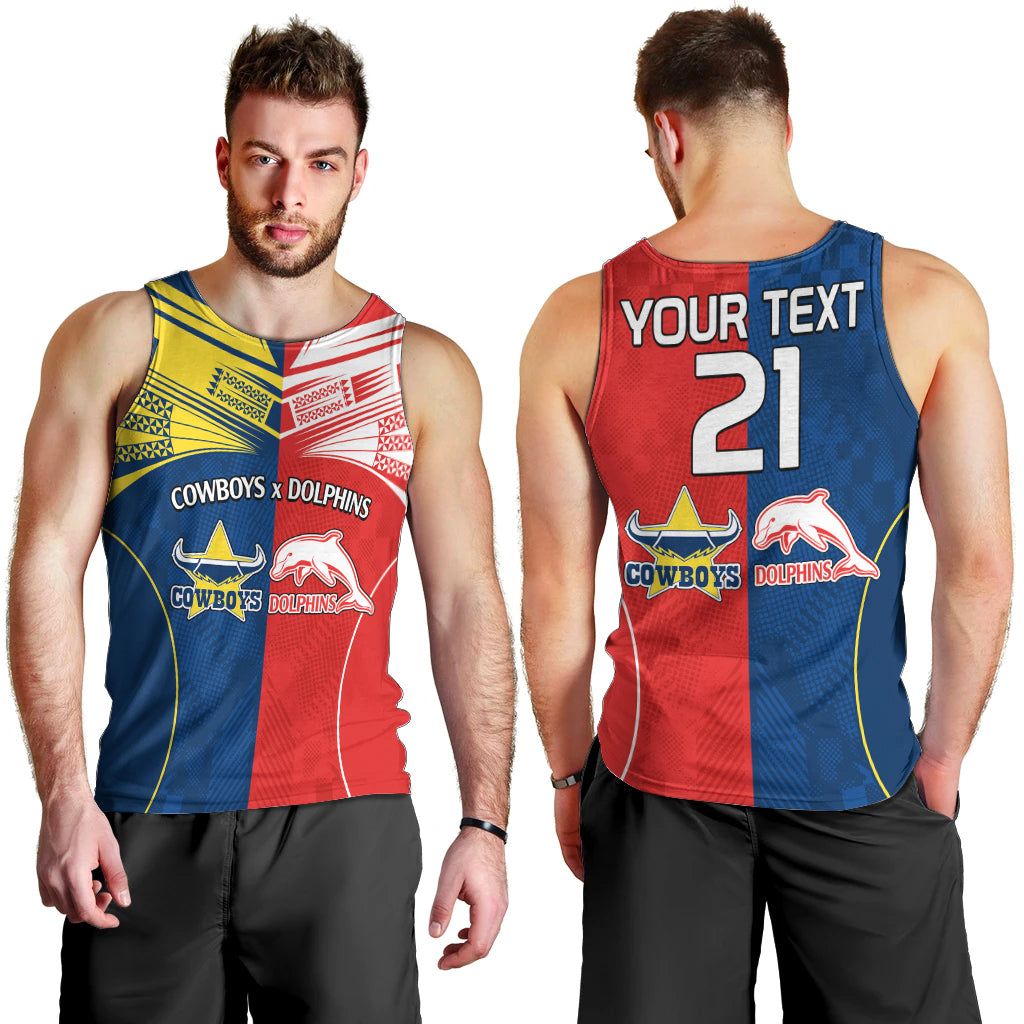 (Custom Text And Number) NRL Half Dolphins and Half Cowboys Rugby Men Tank Top Sporty Style - Vibe Hoodie Shop