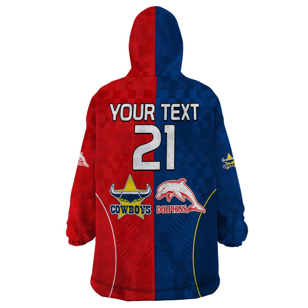 (Custom Text And Number) NRL Half Dolphins and Half Cowboys Rugby Wearable Blanket Hoodie Sporty Style - Vibe Hoodie Shop