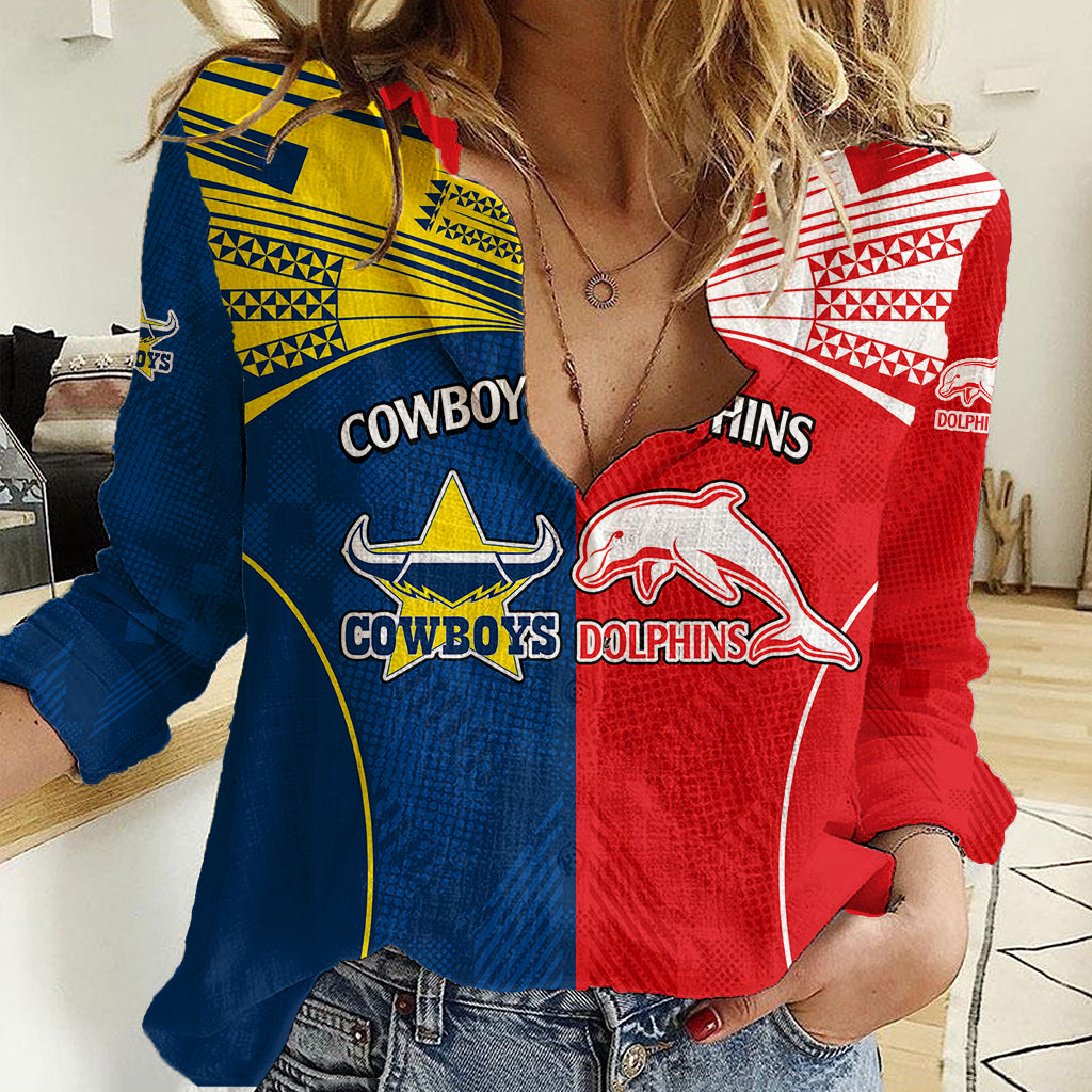 (Custom Text And Number) NRL Half Dolphins and Half Cowboys Rugby Women Casual Shirt Sporty Style - Vibe Hoodie Shop