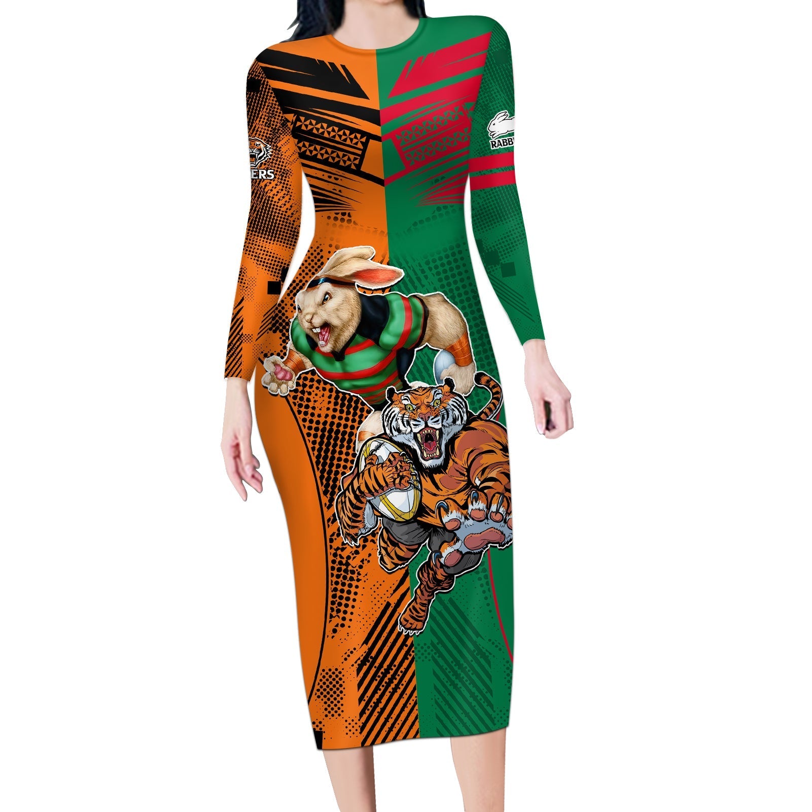 Wests Tigers and Rabbitohs Rugby Long Sleeve Bodycon Dress Sporty Style LT9