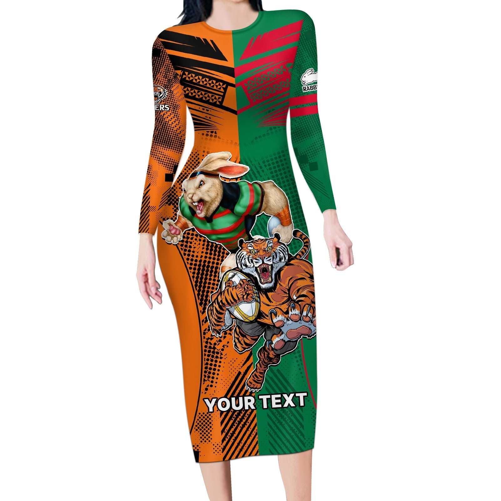 Custom Wests Tigers and Rabbitohs Rugby Long Sleeve Bodycon Dress Sporty Style LT9