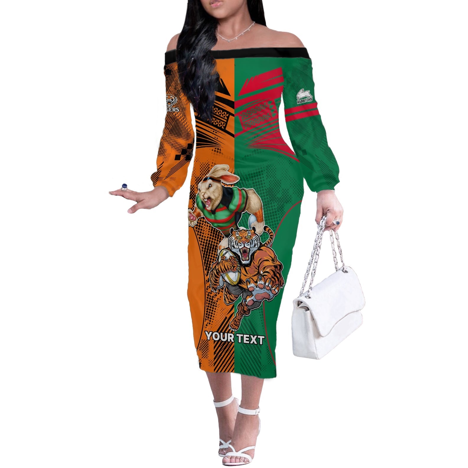 Custom Wests Tigers and Rabbitohs Rugby Off The Shoulder Long Sleeve Dress Sporty Style LT9