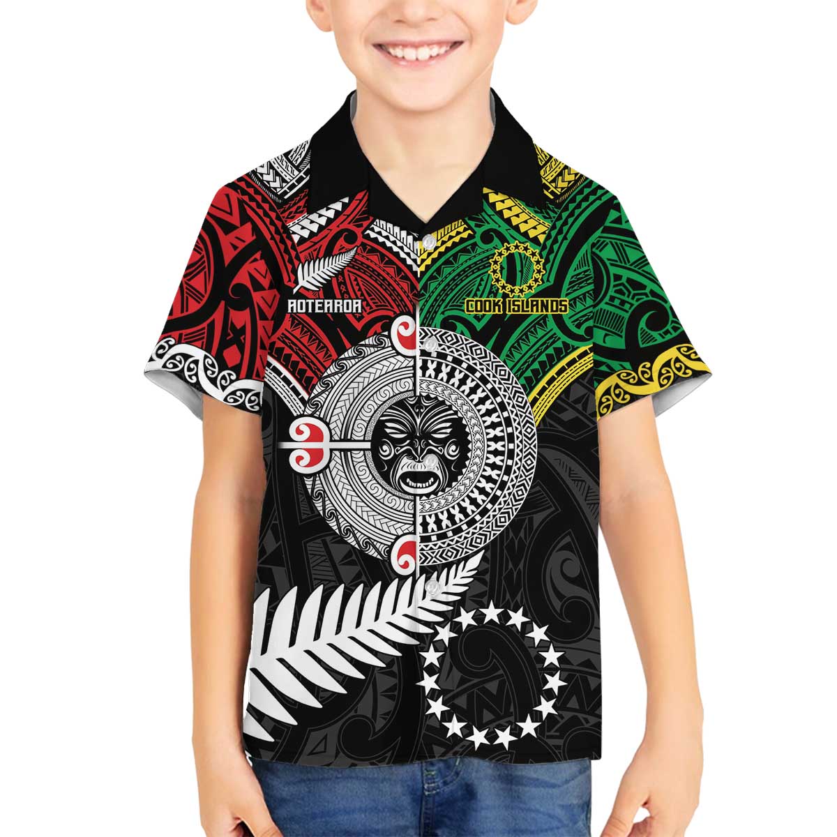 Aotearoa and Cook Islands Mo Te Tiriti Family Matching Off The Shoulder Long Sleeve Dress and Hawaiian Shirt New Zealand Honour The Treaty Ake!Ake!Ake!