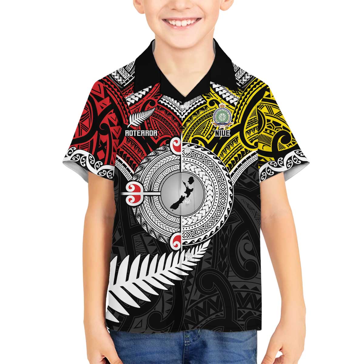 Aotearoa and Niue Mo Te Tiriti Family Matching Off The Shoulder Long Sleeve Dress and Hawaiian Shirt New Zealand Honour The Treaty Ake!Ake!Ake!