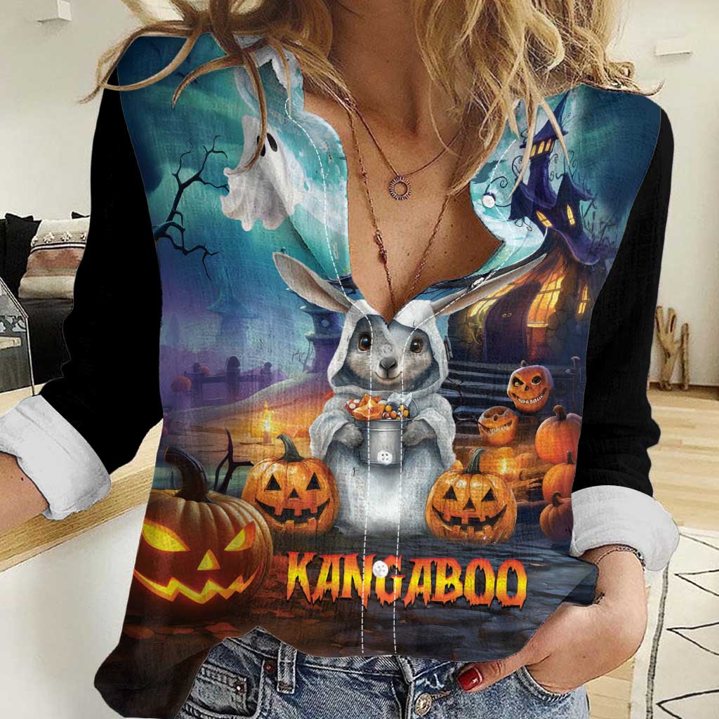 Happy Kangaboo Women Casual Shirt Kangaroo and Halloween Haunted House - Vibe Hoodie Shop