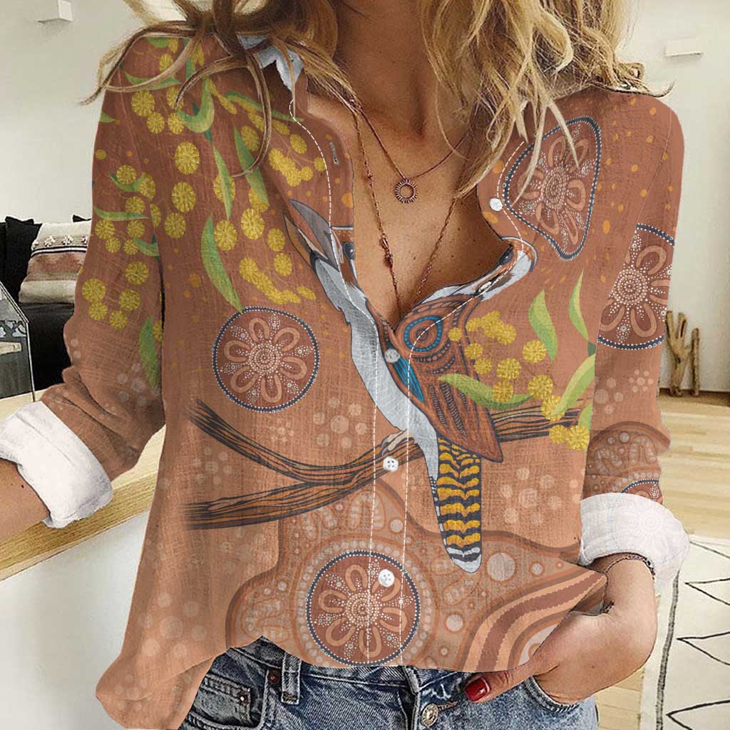 Kookaburra Aboriginal Dot Painting Women Casual Shirt - Vibe Hoodie Shop
