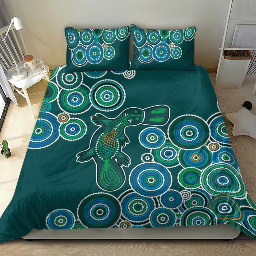 Green Platypus Aboriginal Art Bedding Set - Vibe Hoodie Shop