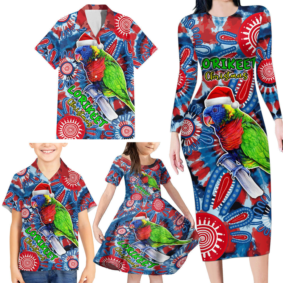 australia-lorikeet-aboriginal-rainbow-tie-dye-merry-christmas-family-matching-long-sleeve-bodycon-dress-and-hawaiian-shirt