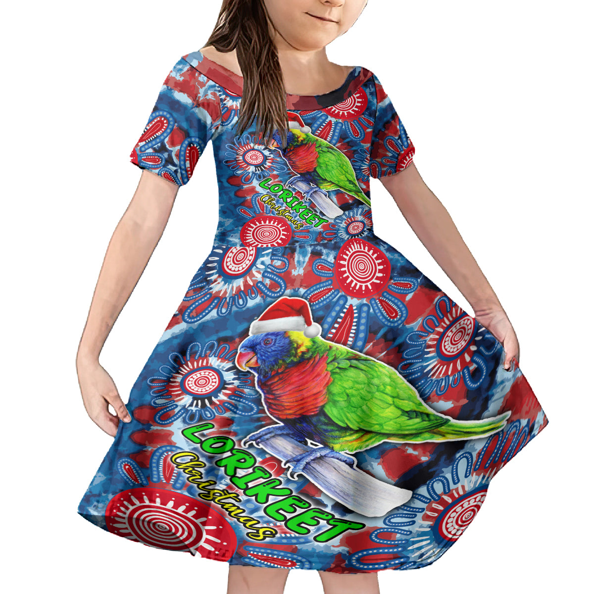 australia-lorikeet-aboriginal-rainbow-tie-dye-merry-christmas-family-matching-long-sleeve-bodycon-dress-and-hawaiian-shirt