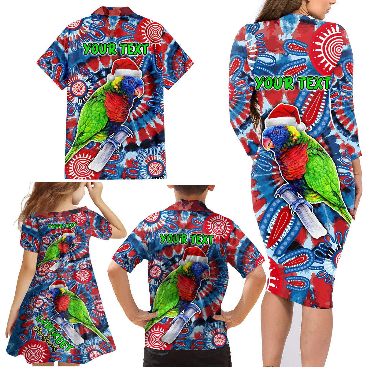 australia-lorikeet-aboriginal-rainbow-tie-dye-merry-christmas-family-matching-long-sleeve-bodycon-dress-and-hawaiian-shirt