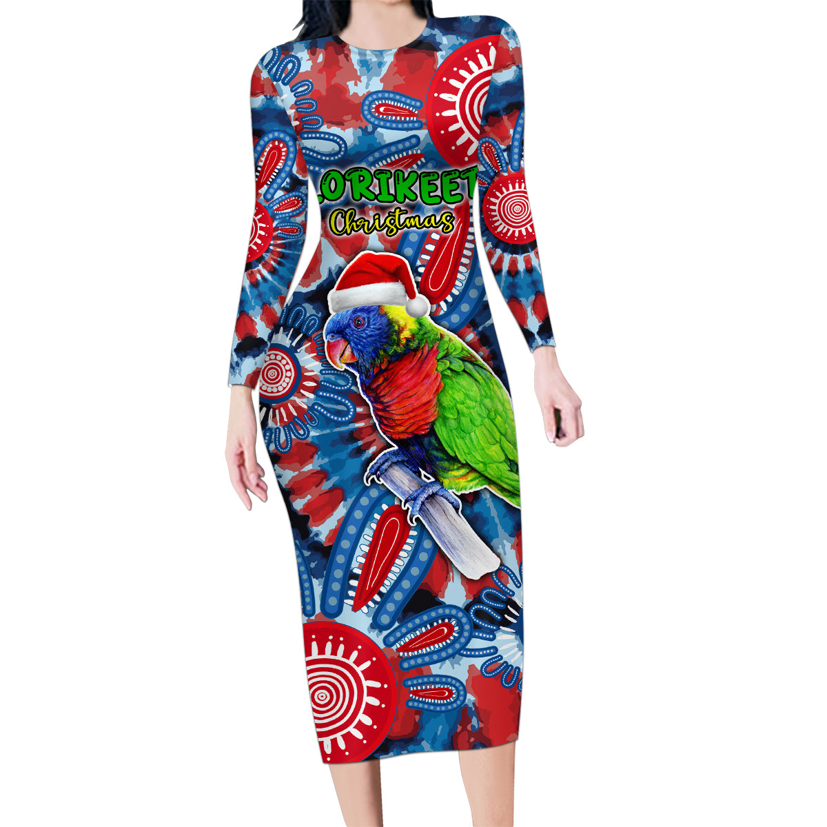 australia-lorikeet-aboriginal-rainbow-tie-dye-merry-christmas-family-matching-long-sleeve-bodycon-dress-and-hawaiian-shirt