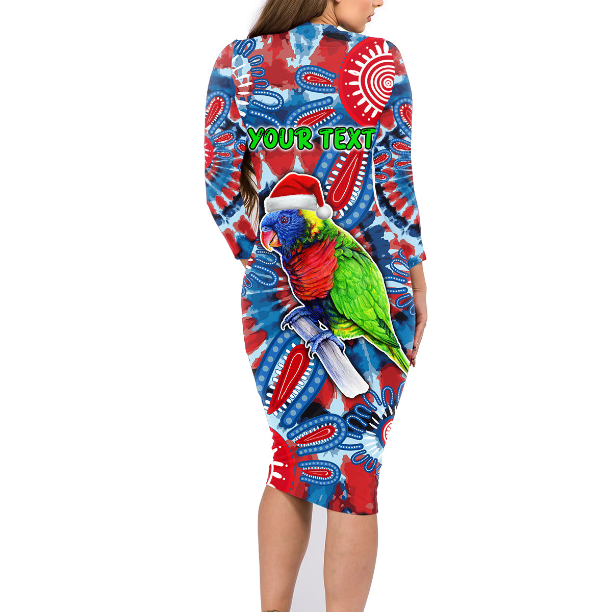 australia-lorikeet-aboriginal-rainbow-tie-dye-merry-christmas-family-matching-long-sleeve-bodycon-dress-and-hawaiian-shirt