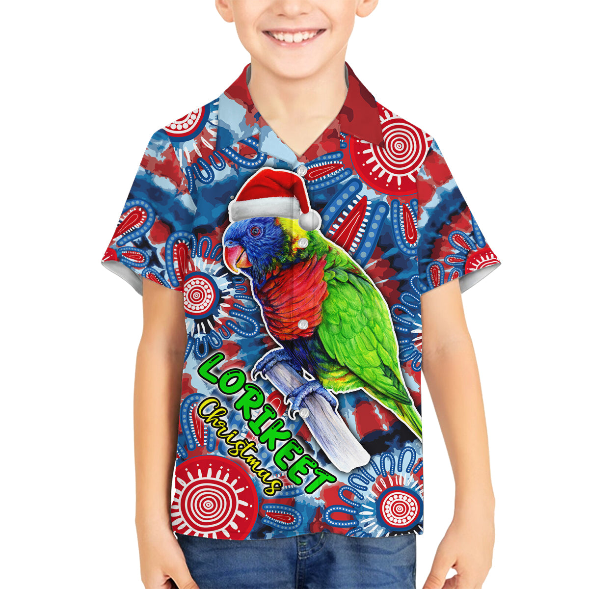 australia-lorikeet-aboriginal-rainbow-tie-dye-merry-christmas-family-matching-long-sleeve-bodycon-dress-and-hawaiian-shirt