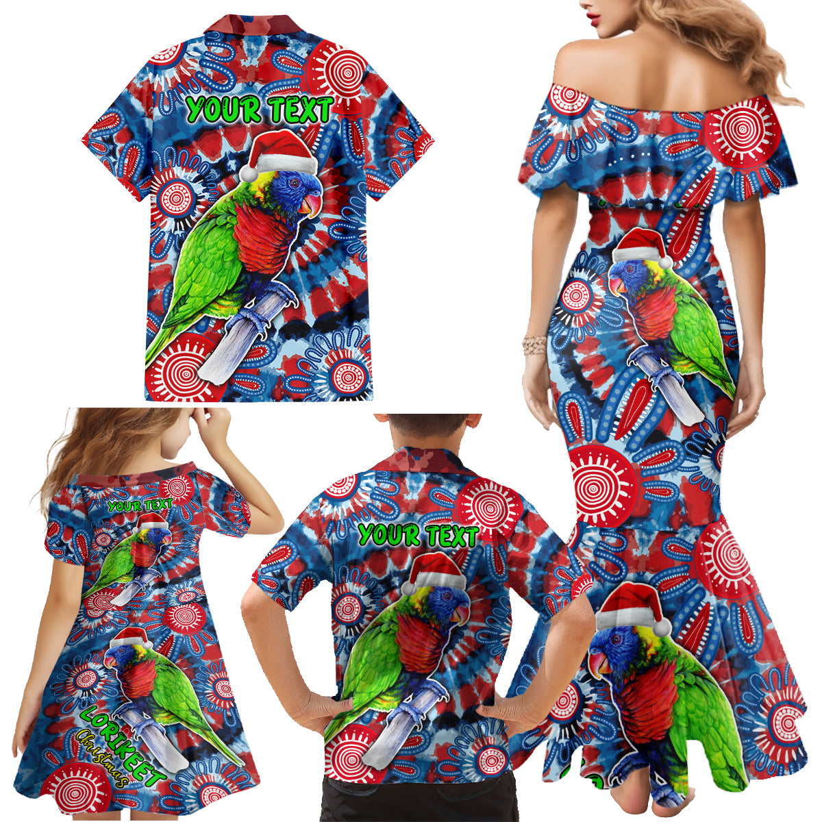 australia-lorikeet-aboriginal-rainbow-tie-dye-merry-christmas-family-matching-mermaid-dress-and-hawaiian-shirt