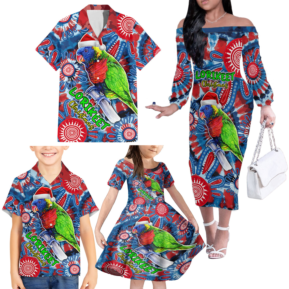 australia-lorikeet-aboriginal-rainbow-tie-dye-merry-christmas-family-matching-off-shoulder-long-sleeve-dress-and-hawaiian-shirt