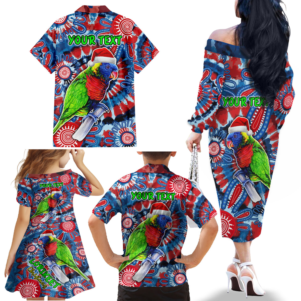 australia-lorikeet-aboriginal-rainbow-tie-dye-merry-christmas-family-matching-off-shoulder-long-sleeve-dress-and-hawaiian-shirt