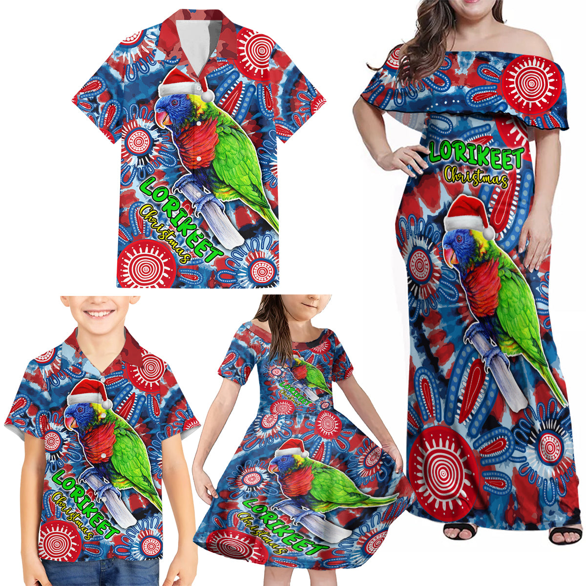 australia-lorikeet-aboriginal-rainbow-tie-dye-merry-christmas-family-matching-off-shoulder-maxi-dress-and-hawaiian-shirt