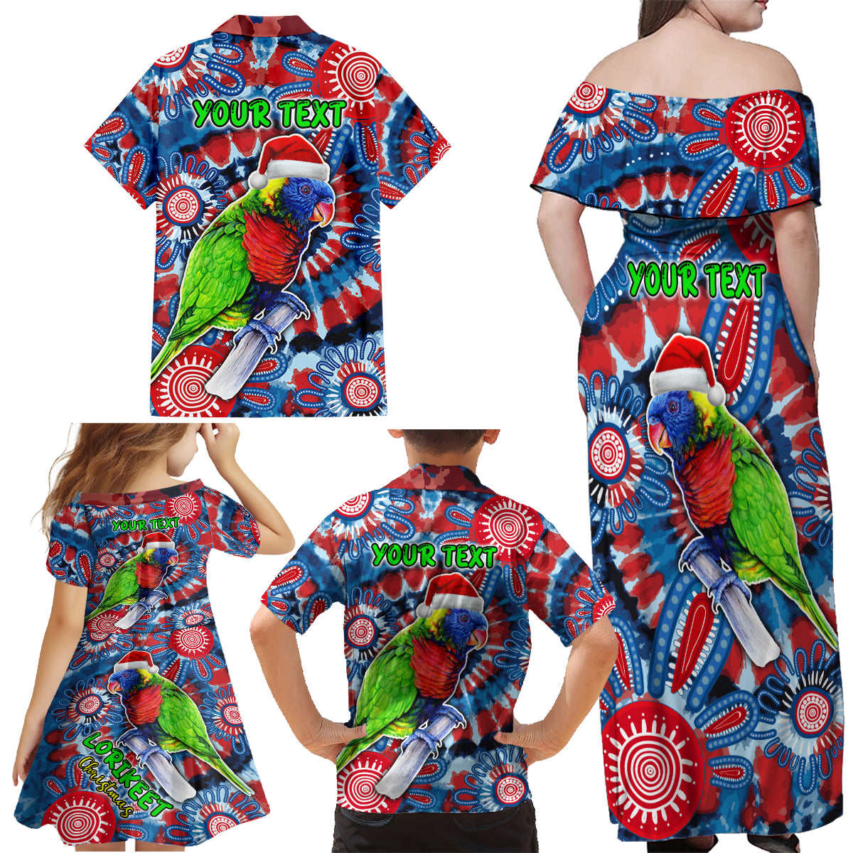 australia-lorikeet-aboriginal-rainbow-tie-dye-merry-christmas-family-matching-off-shoulder-maxi-dress-and-hawaiian-shirt