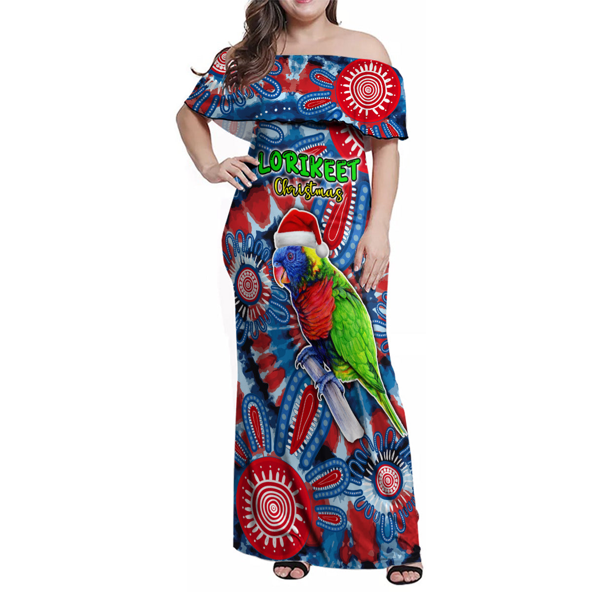 australia-lorikeet-aboriginal-rainbow-tie-dye-merry-christmas-family-matching-off-shoulder-maxi-dress-and-hawaiian-shirt