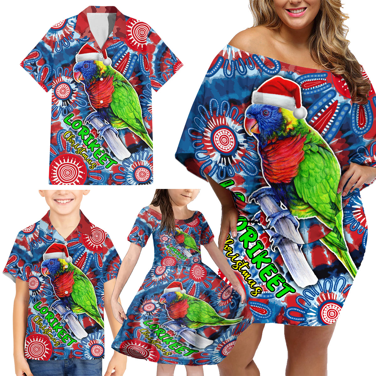 australia-lorikeet-aboriginal-rainbow-tie-dye-merry-christmas-family-matching-off-shoulder-short-dress-and-hawaiian-shirt