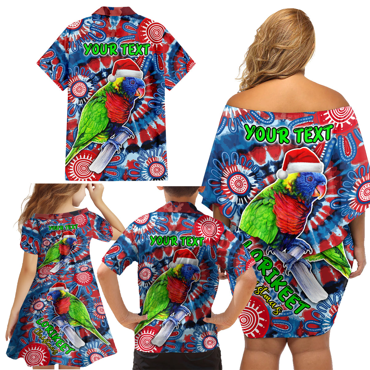 australia-lorikeet-aboriginal-rainbow-tie-dye-merry-christmas-family-matching-off-shoulder-short-dress-and-hawaiian-shirt