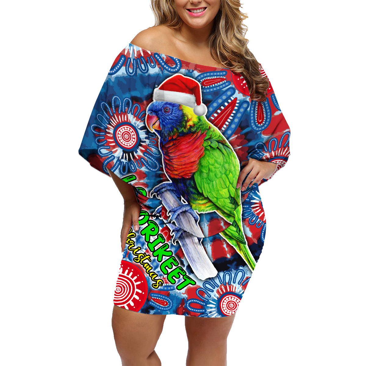 australia-lorikeet-aboriginal-rainbow-tie-dye-merry-christmas-family-matching-off-shoulder-short-dress-and-hawaiian-shirt