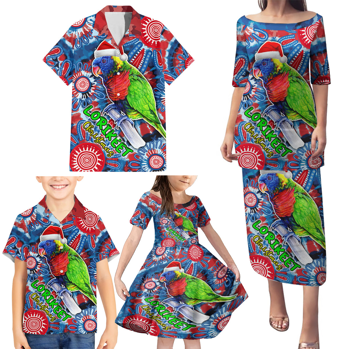 australia-lorikeet-aboriginal-rainbow-tie-dye-merry-christmas-family-matching-puletasi-dress-and-hawaiian-shirt