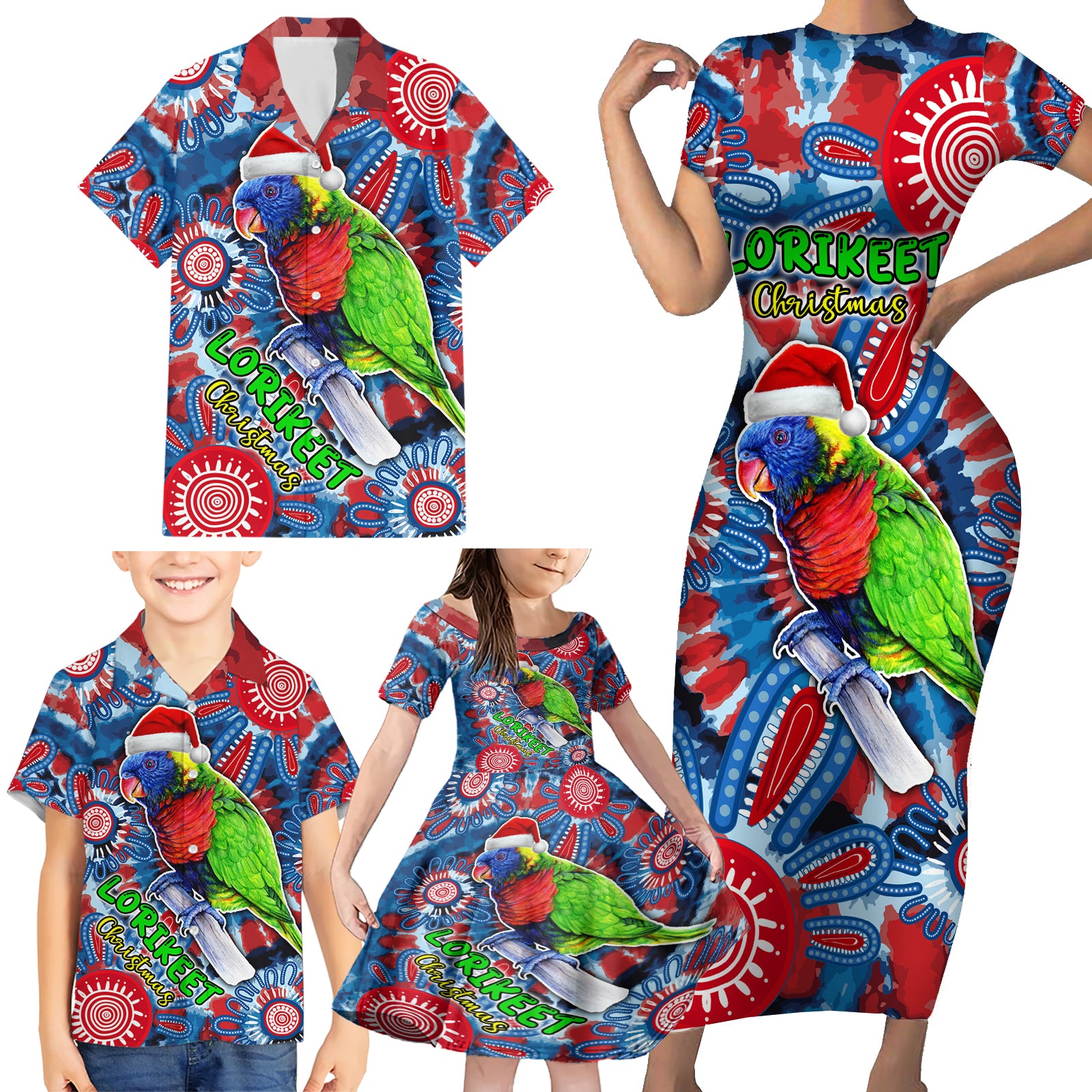 australia-lorikeet-aboriginal-rainbow-tie-dye-merry-christmas-family-matching-short-sleeve-bodycon-dress-and-hawaiian-shirt