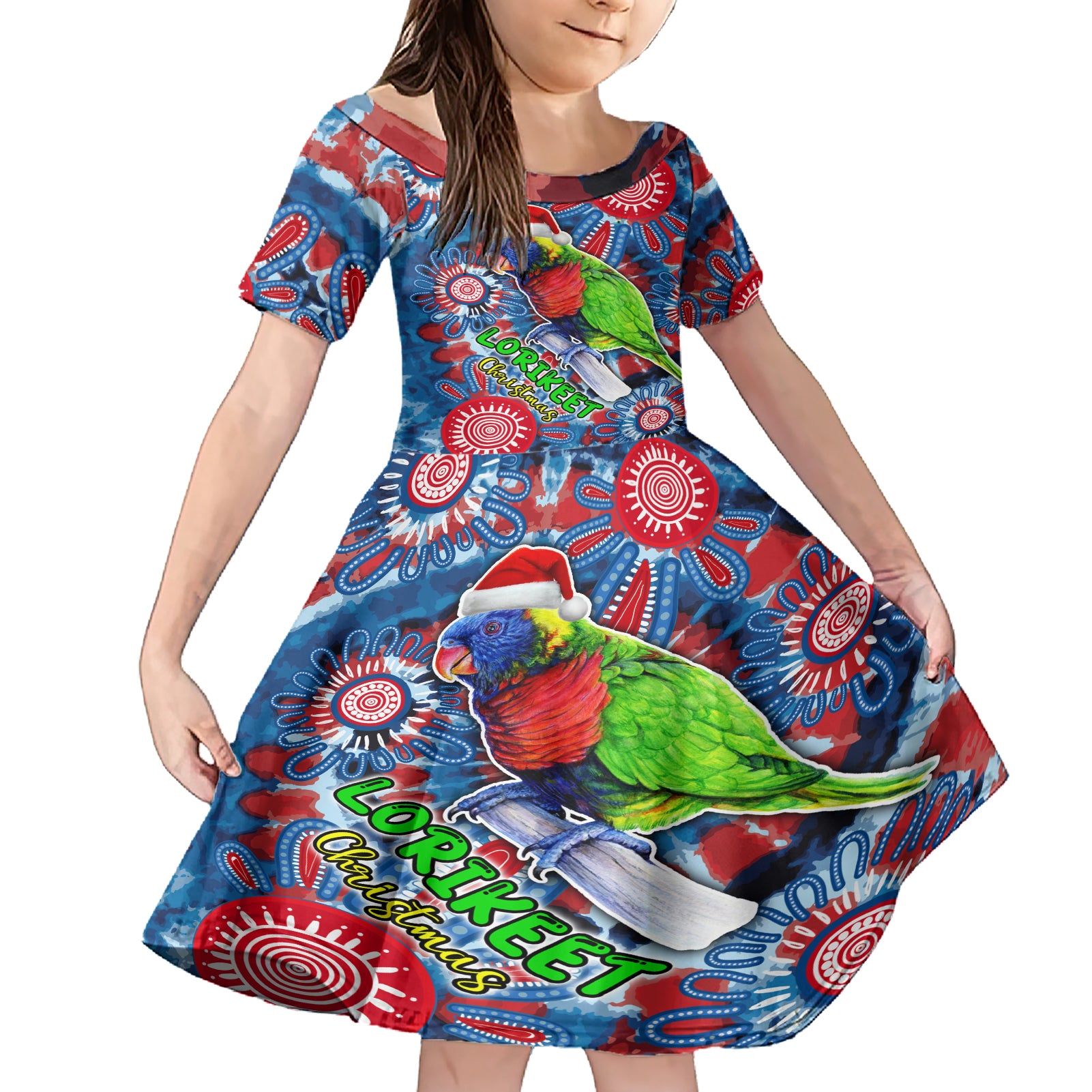 australia-lorikeet-aboriginal-rainbow-tie-dye-merry-christmas-family-matching-short-sleeve-bodycon-dress-and-hawaiian-shirt