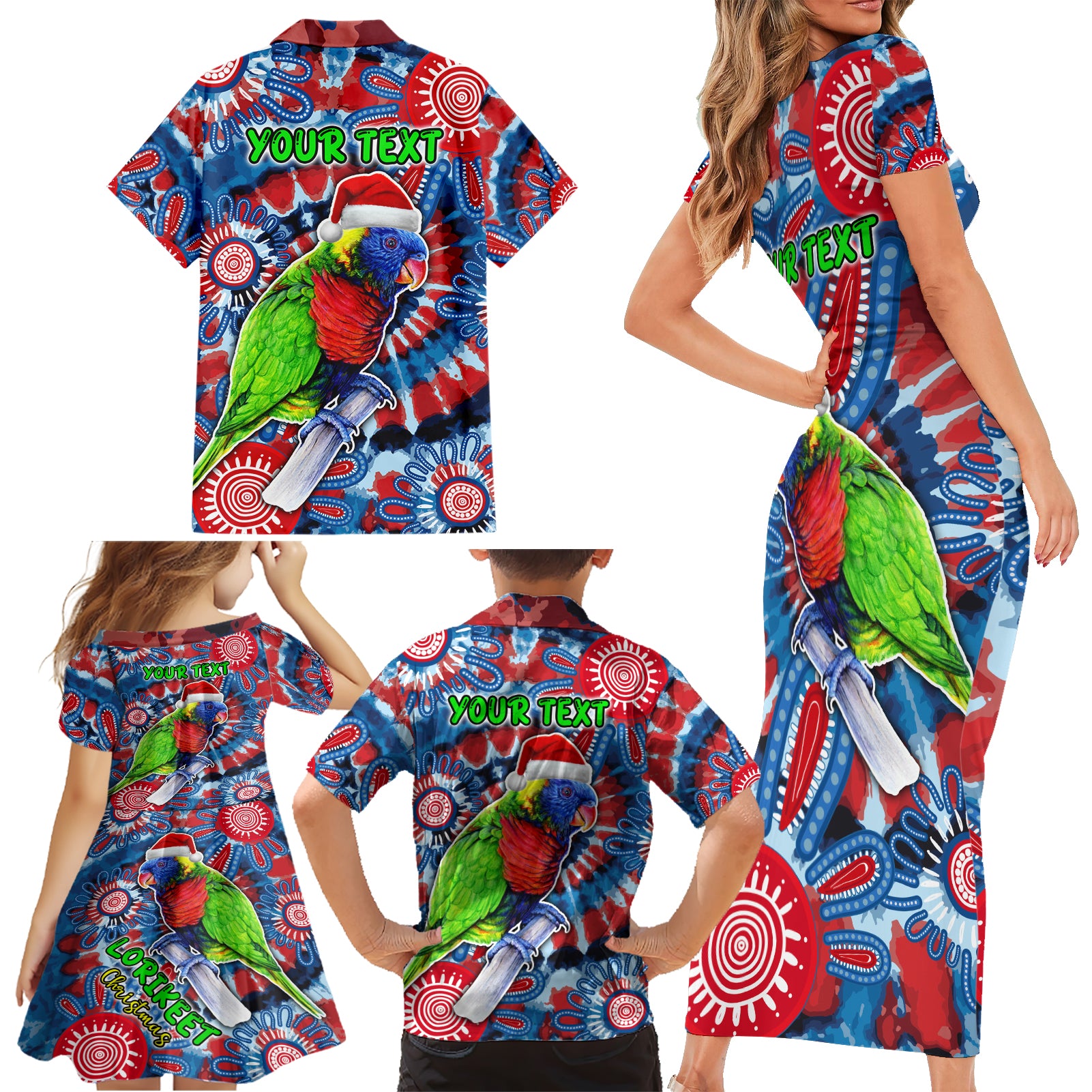 australia-lorikeet-aboriginal-rainbow-tie-dye-merry-christmas-family-matching-short-sleeve-bodycon-dress-and-hawaiian-shirt