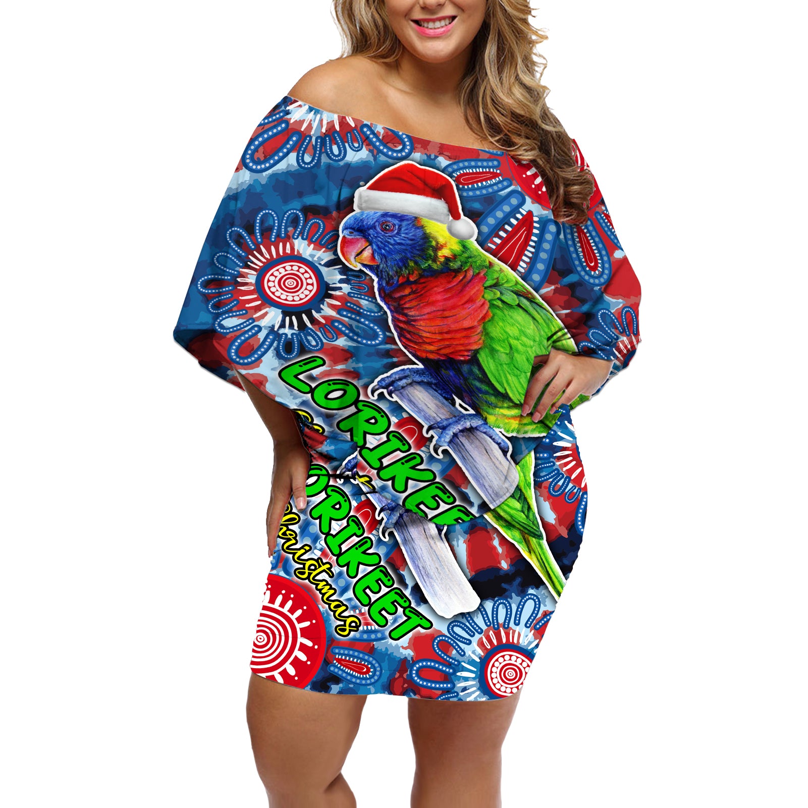 australia-lorikeet-aboriginal-rainbow-tie-dye-merry-christmas-off-shoulder-short-dress