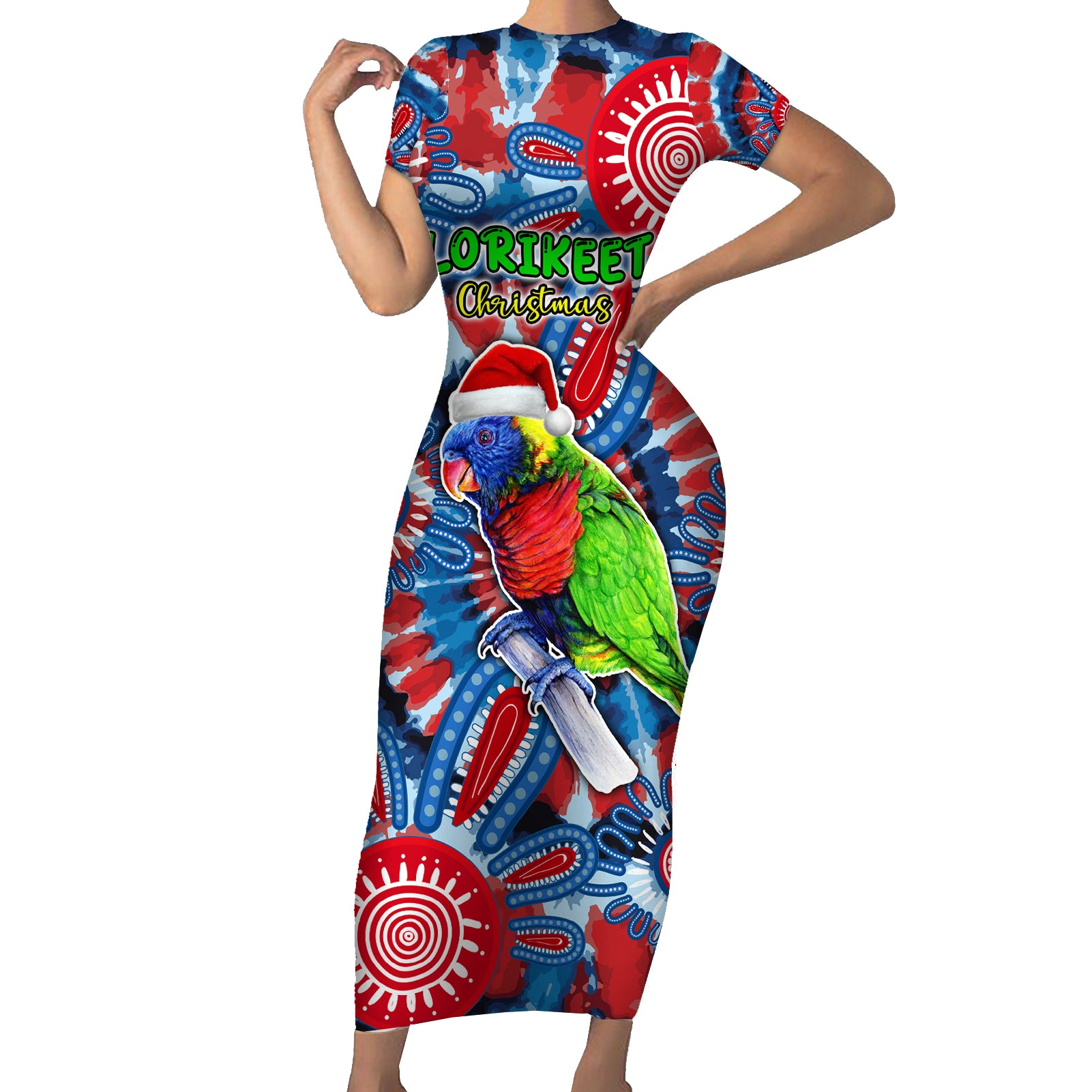 australia-lorikeet-aboriginal-rainbow-tie-dye-merry-christmas-short-sleeve-bodycon-dress