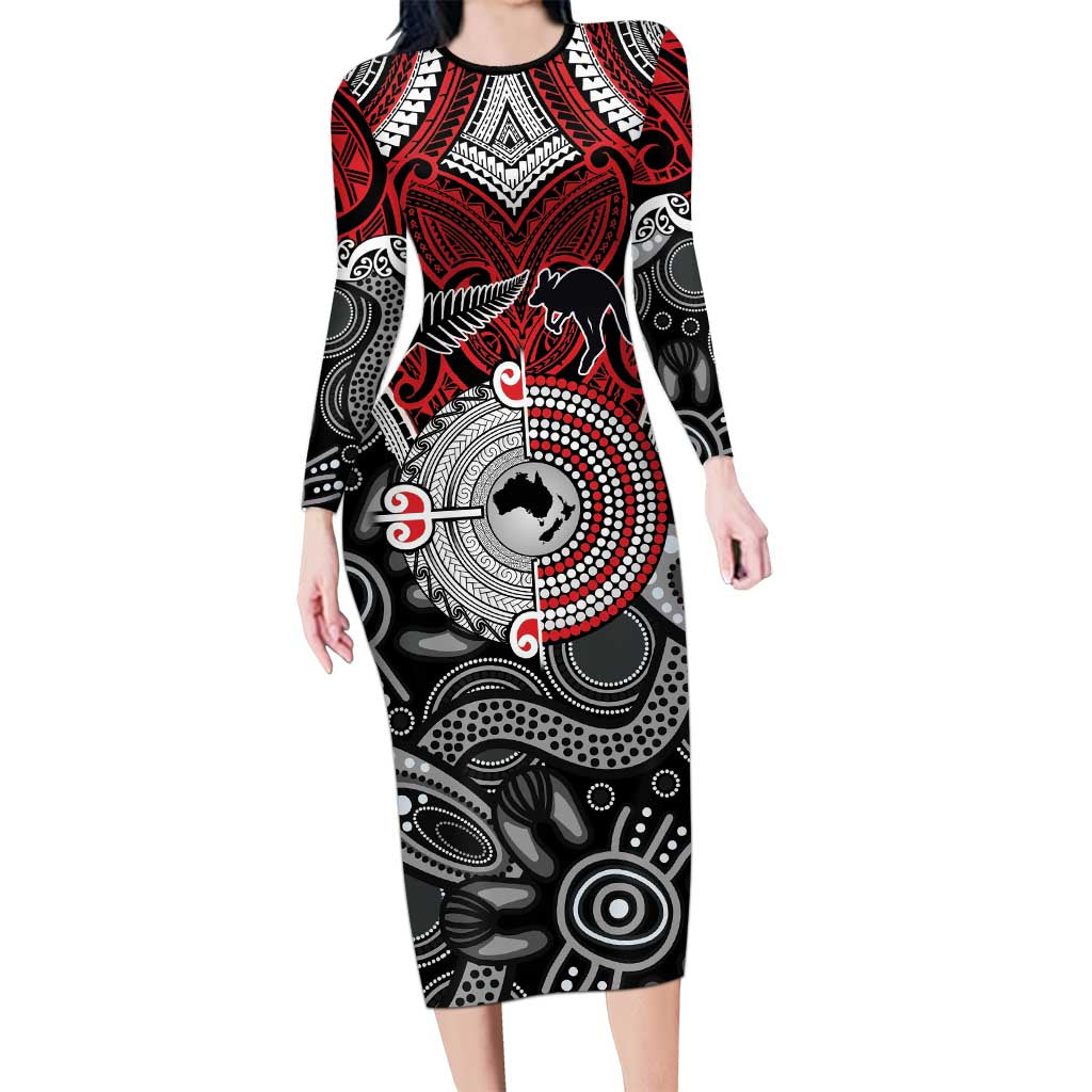 Aotearoa and Australia Long Sleeve Bodycon Dress New Zealand Honour The Treaty Ake!Ake!Ake!