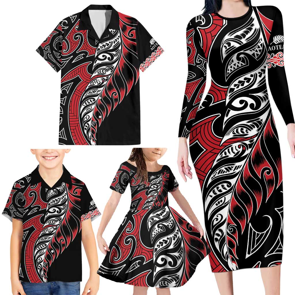 Koru Fern New Zealand Family Matching Long Sleeve Bodycon Dress and Hawaiian Shirt Maori Tribal Pattern