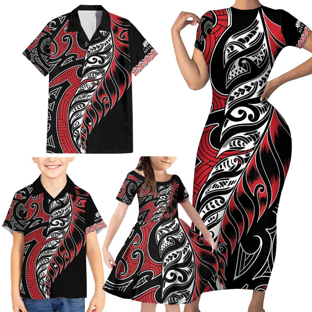 Koru Fern New Zealand Family Matching Short Sleeve Bodycon Dress and Hawaiian Shirt Maori Tribal Pattern