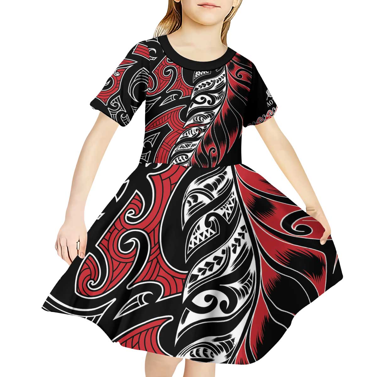 Koru Fern New Zealand Kid Short Sleeve Dress Maori Tribal Pattern - Vibe Hoodie Shop