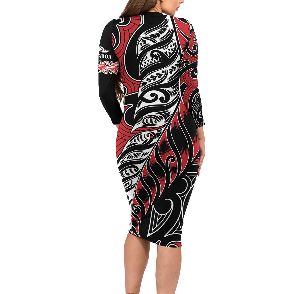 Koru Fern New Zealand Long Sleeve Bodycon Dress Maori Tribal Pattern