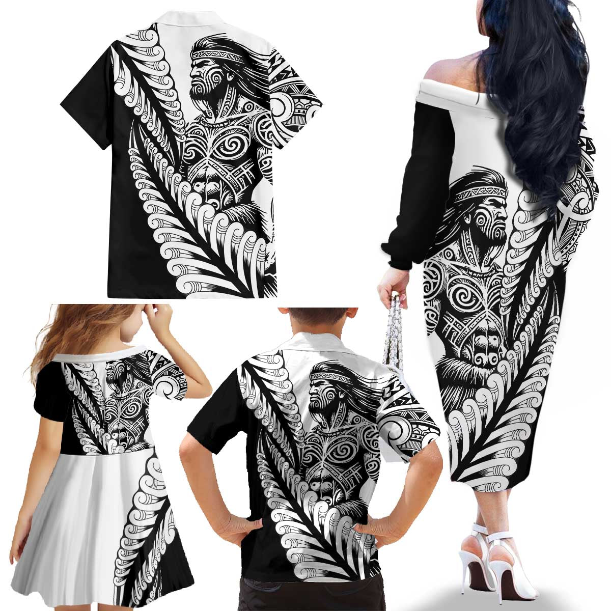 Koru Fern New Zealand Maori Tribal Warrior Family Matching Off The Shoulder Long Sleeve Dress and Hawaiian Shirt