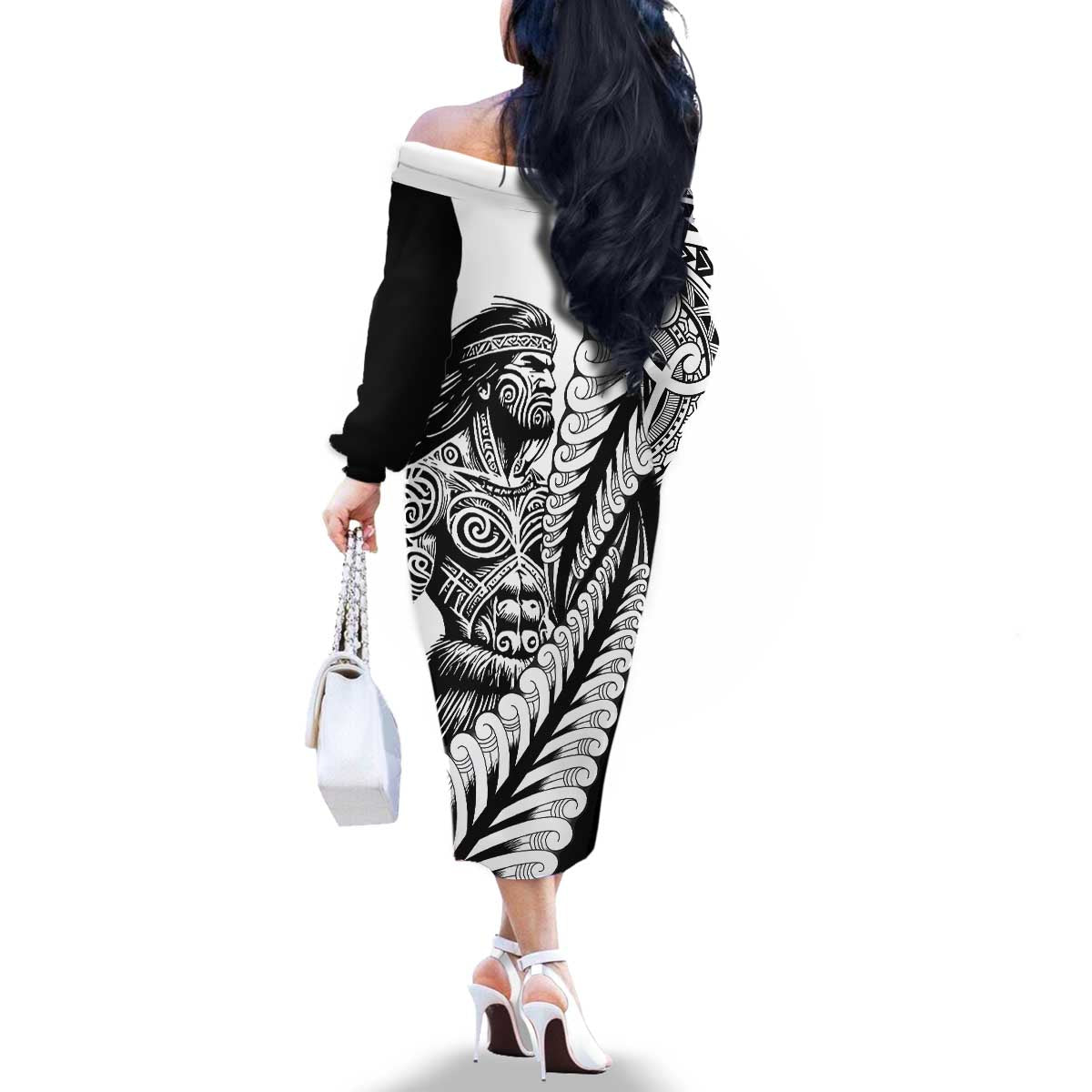 Koru Fern New Zealand Maori Tribal Warrior Family Matching Off The Shoulder Long Sleeve Dress and Hawaiian Shirt