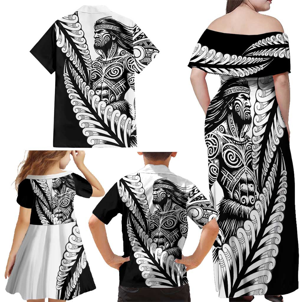 Koru Fern New Zealand Maori Tribal Warrior Family Matching Off Shoulder Maxi Dress and Hawaiian Shirt