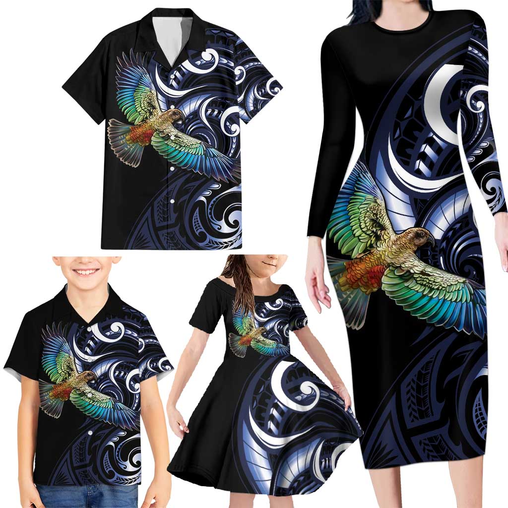 New Zealand Kea Bird Personalised Family Matching Long Sleeve Bodycon Dress and Hawaiian Shirt Maori Tribal Koru Art