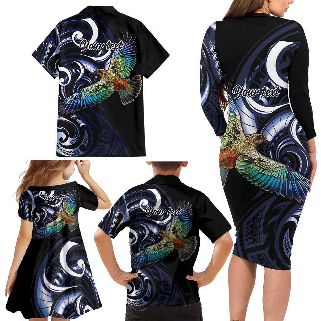 New Zealand Kea Bird Personalised Family Matching Long Sleeve Bodycon Dress and Hawaiian Shirt Maori Tribal Koru Art