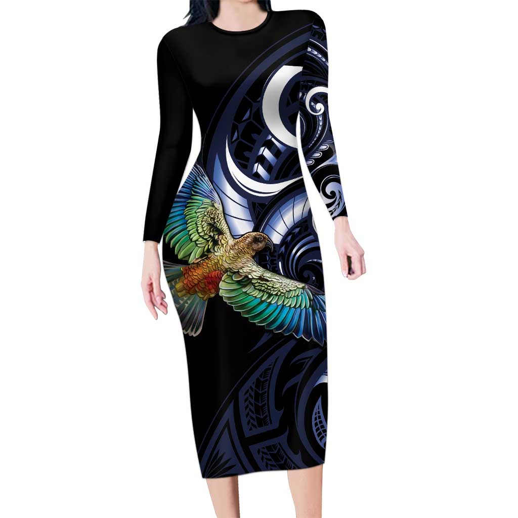 New Zealand Kea Bird Personalised Family Matching Long Sleeve Bodycon Dress and Hawaiian Shirt Maori Tribal Koru Art