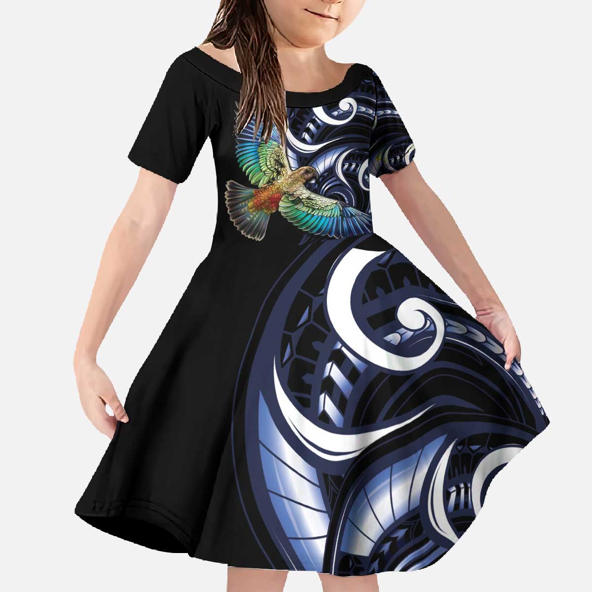 New Zealand Kea Bird Personalised Family Matching Off The Shoulder Long Sleeve Dress and Hawaiian Shirt Maori Tribal Koru Art