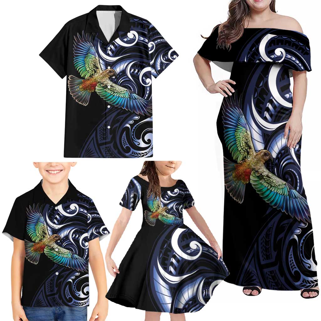 New Zealand Kea Bird Personalised Family Matching Off Shoulder Maxi Dress and Hawaiian Shirt Maori Tribal Koru Art