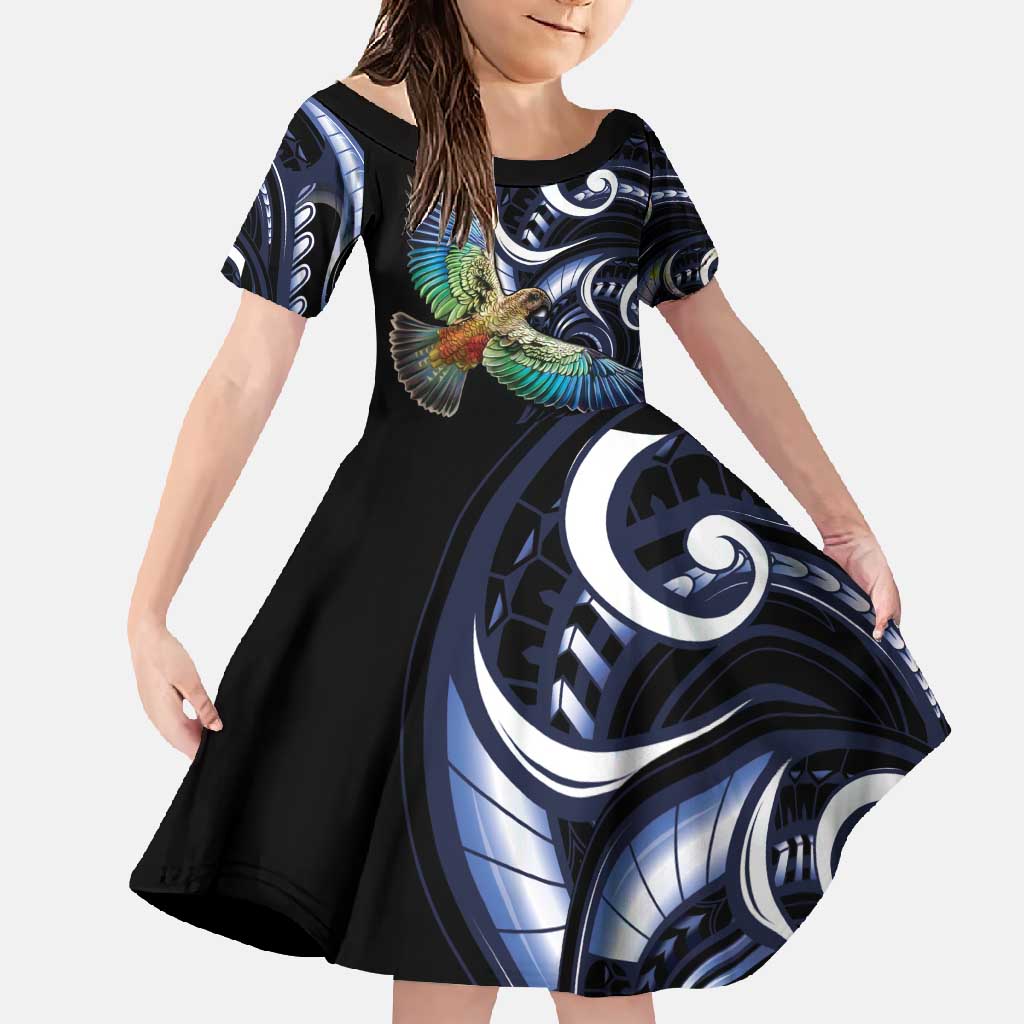 New Zealand Kea Bird Personalised Family Matching Off Shoulder Maxi Dress and Hawaiian Shirt Maori Tribal Koru Art