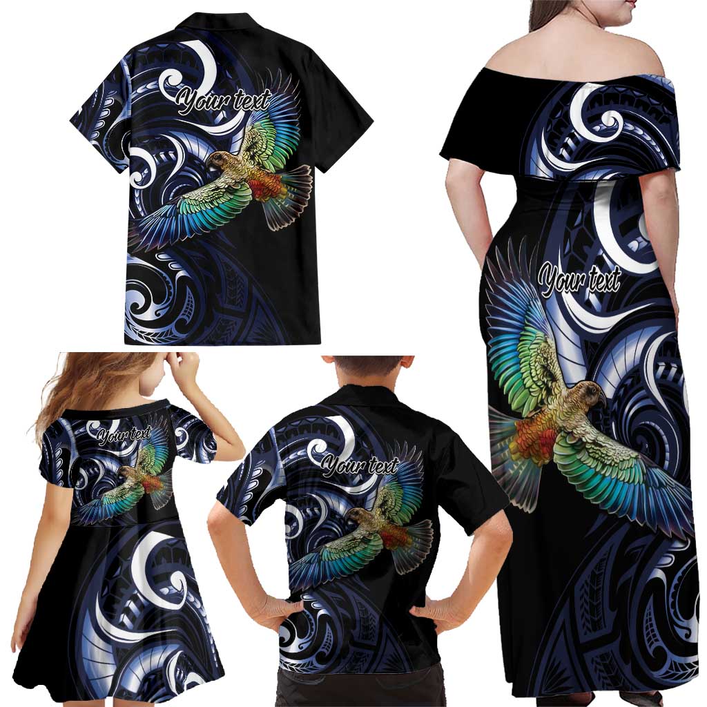 New Zealand Kea Bird Personalised Family Matching Off Shoulder Maxi Dress and Hawaiian Shirt Maori Tribal Koru Art