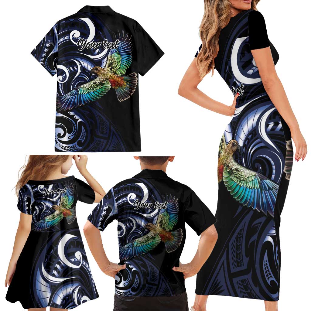 New Zealand Kea Bird Personalised Family Matching Short Sleeve Bodycon Dress and Hawaiian Shirt Maori Tribal Koru Art