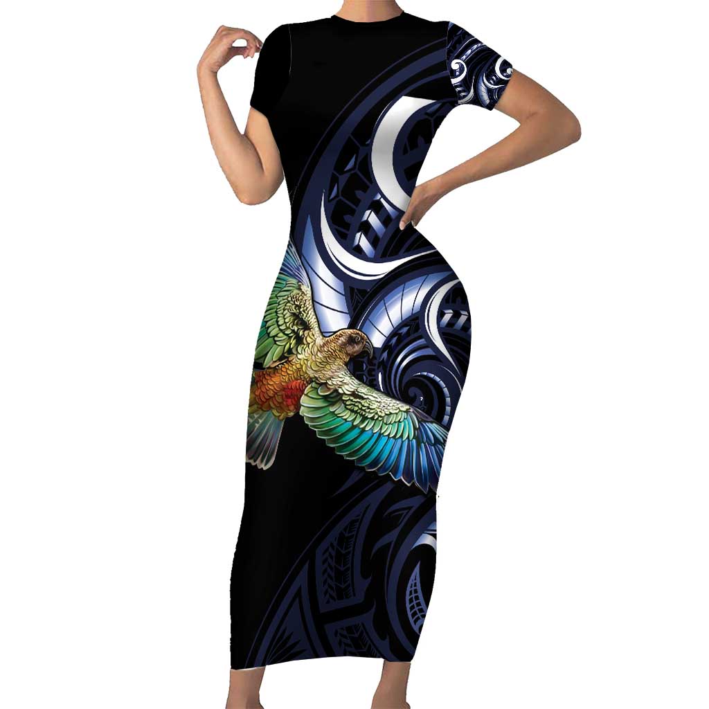 New Zealand Kea Bird Personalised Family Matching Short Sleeve Bodycon Dress and Hawaiian Shirt Maori Tribal Koru Art